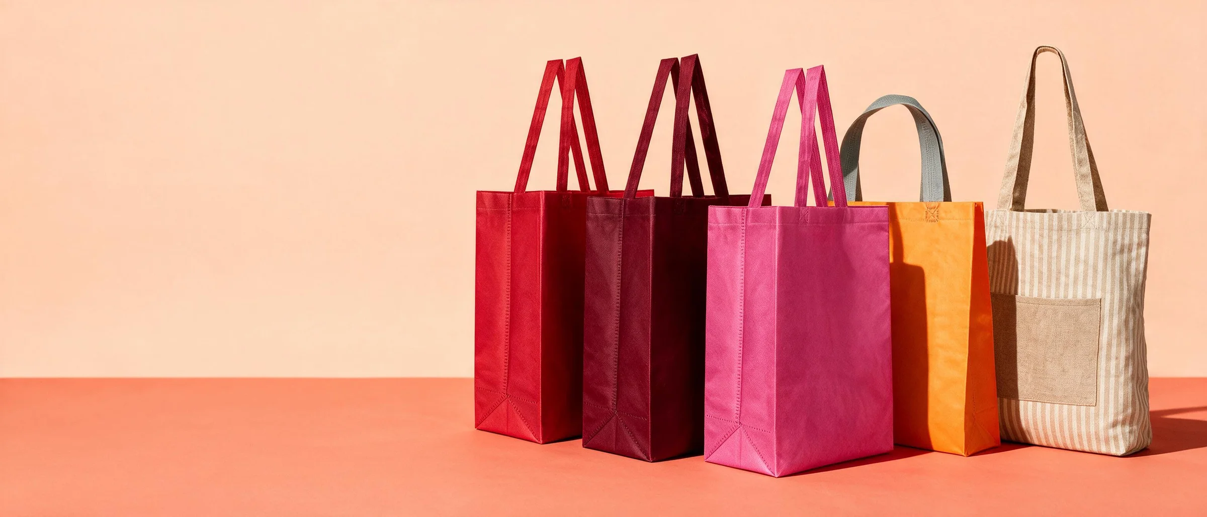 Bolsas reutilizables roja, tinto, rosa, naranja y de lona a rayas sobre fondo durazno