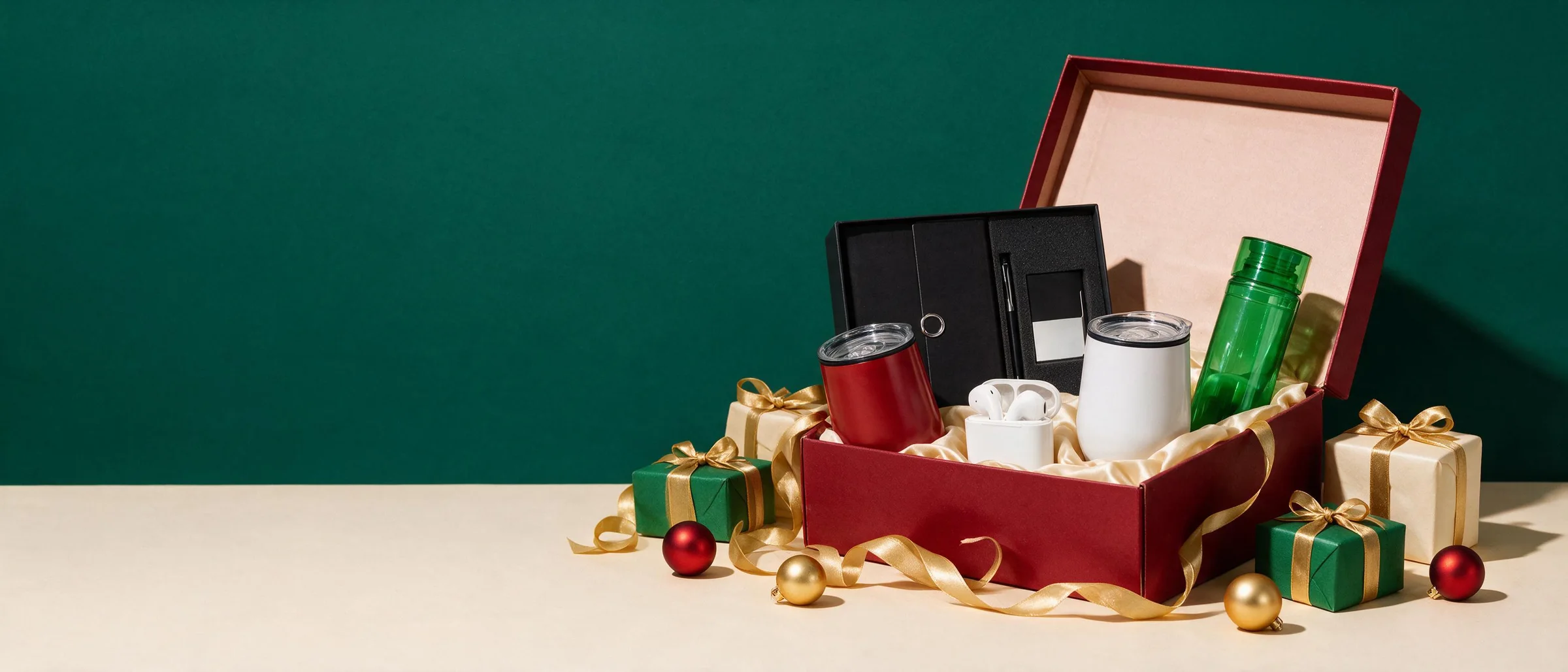 Caja de regalo roja abierta con set ejecutivo, termos y cilindro, entre regalos envueltos y esferas navideñas sobre fondo verde
