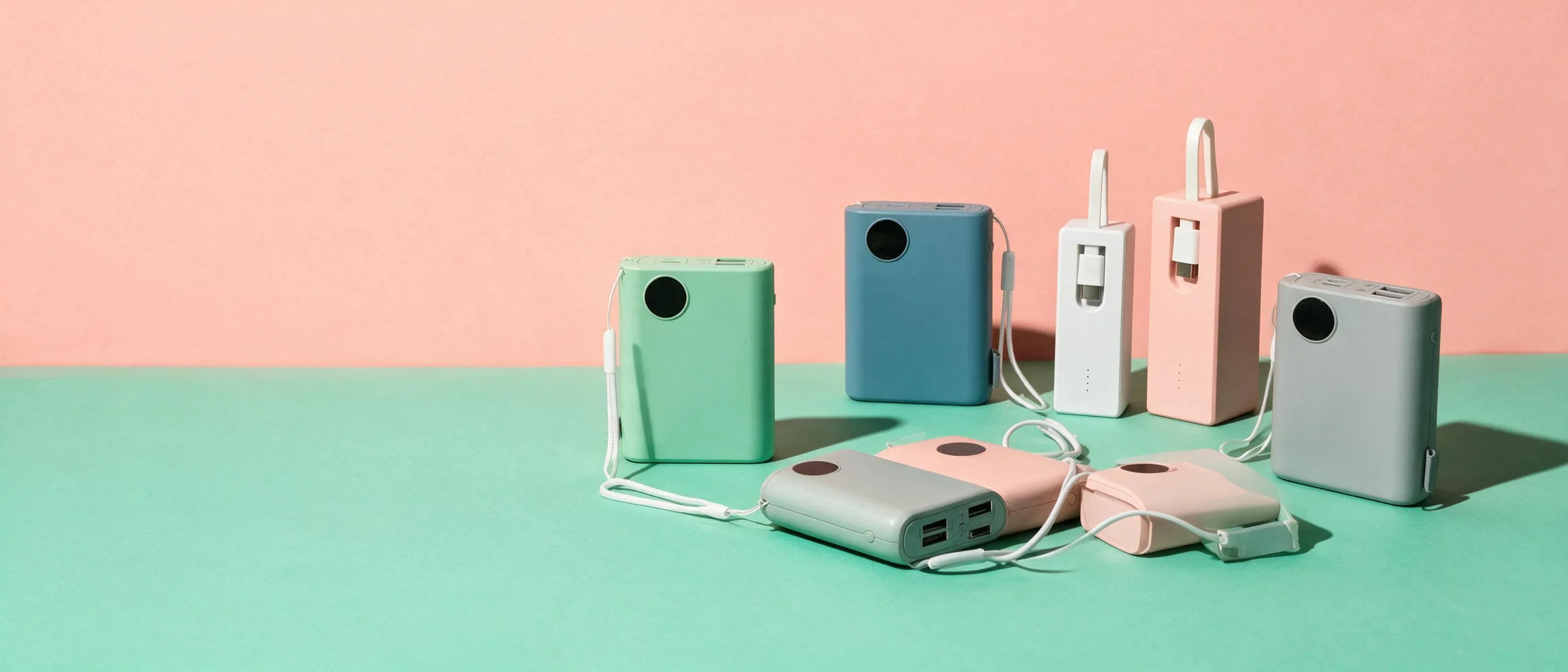 Power banks verdes, azules, rosas, grises y blancos sobre fondo coral y piso menta